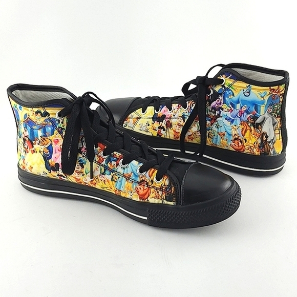 Women's High Top Lace Up Sneakers  Disney Character Black Multi Print Size 7.5 - Picture 1 of 15